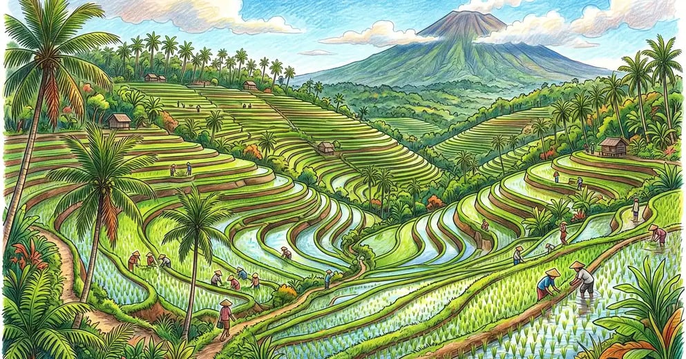 Lush green Balinese rice terraces cascading down a volcanic hillside with palm trees under a tropical sky