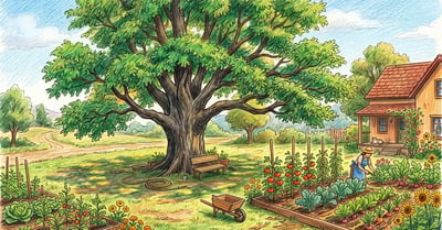 A large mature black walnut tree spreading over a homestead yard with a vegetable garden nearby in warm summer light