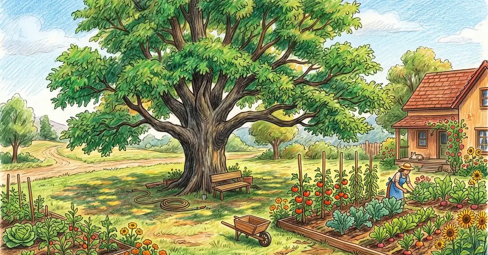 A large mature black walnut tree spreading over a homestead yard with a vegetable garden nearby in warm summer light