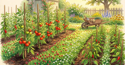 Sunlit backyard vegetable garden with crimson clover and white clover living mulch growing between rows of staked tomato and pepper plants