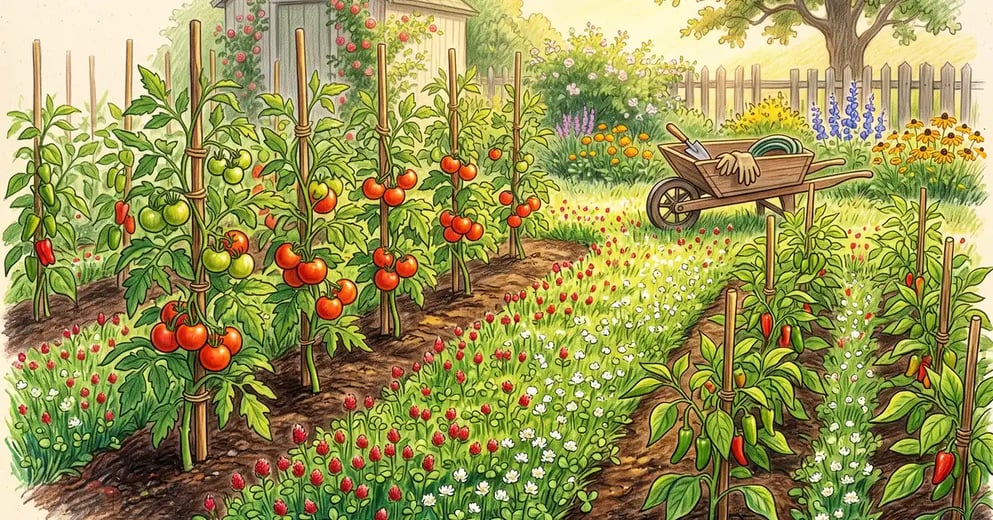 Sunlit backyard vegetable garden with crimson clover and white clover living mulch growing between rows of staked tomato and pepper plants