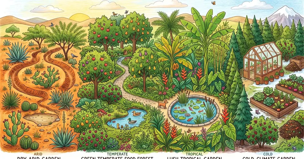 Panorama of four climate-adapted permaculture gardens: arid swales, temperate food forest, tropical banana circle, and a cold-climate greenhouse