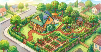 Isometric aerial view of a suburban quarter-acre lot designed as a permaculture homestead with garden beds, food forest, chicken coop, and rain tank