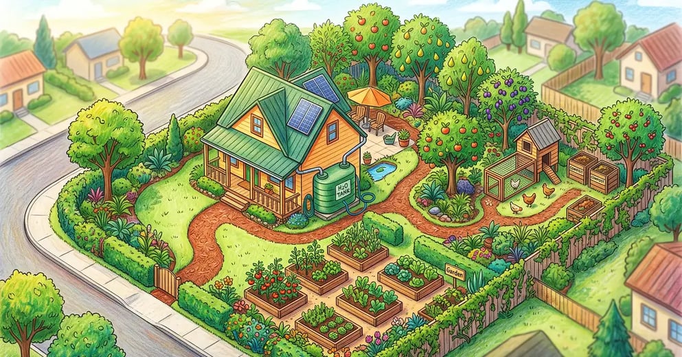 Isometric aerial view of a suburban quarter-acre lot designed as a permaculture homestead with garden beds, food forest, chicken coop, and rain tank