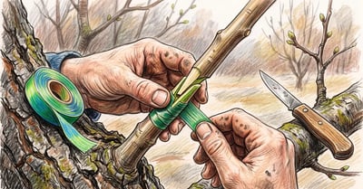 Close-up of hands performing a whip-and-tongue graft on a fruit tree with a grafting knife, scion, rootstock, and grafting tape