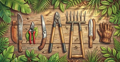 Flat-lay of essential syntropic agriculture hand tools: a machete, bypass pruning shears, folding saw, loppers, broadfork, hori-hori knife, and gloves