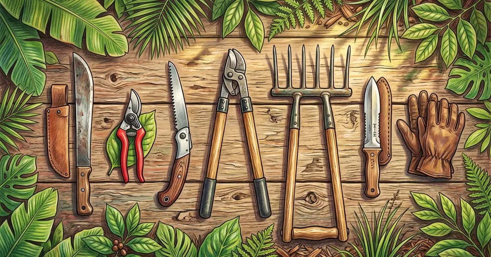 Flat-lay of essential syntropic agriculture hand tools: a machete, bypass pruning shears, folding saw, loppers, broadfork, hori-hori knife, and gloves