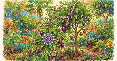 Lush layered food forest with a passion fruit vine climbing a tree and trellis, ripe purple passion fruits and a passion flower in bloom