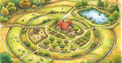 Bird's-eye pencil illustration of a permaculture homestead with a house at the center ringed by kitchen garden, orchard, pasture, pond, and woodlot