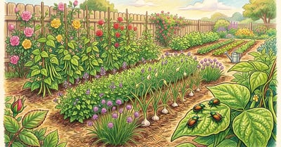 Summer garden using companion planting against Japanese beetles, with beans and roses interplanted with catnip, garlic, and chives