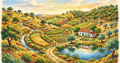 Regenerated dryland farm in Portugal's Alentejo with contour swales, cork oaks, terraces, and a pond among golden Mediterranean hills