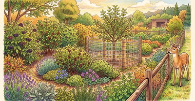 A layered food forest designed to resist deer, with aromatic herbs, elderberry and currant shrubs, a caged young fruit tree, and a deer at the edge
