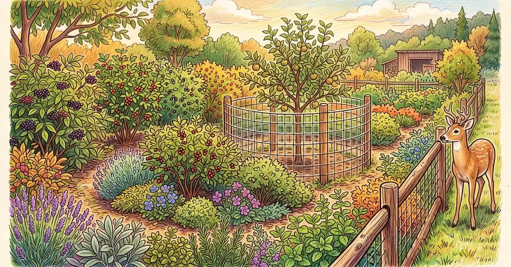 A layered food forest designed to resist deer, with aromatic herbs, elderberry and currant shrubs, a caged young fruit tree, and a deer at the edge