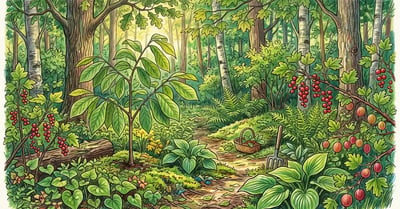 A shady woodland food forest understory with currant and gooseberry bushes, ferns, a young pawpaw, and hostas dappled with shafts of sunlight