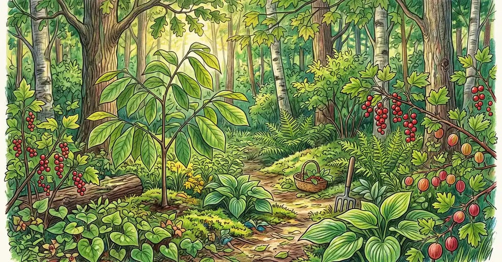 A shady woodland food forest understory with currant and gooseberry bushes, ferns, a young pawpaw, and hostas dappled with shafts of sunlight