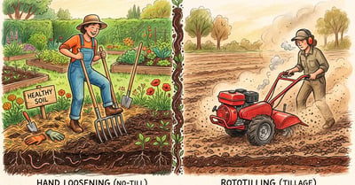 Split comparison of soil preparation: a person using a broadfork by hand on the left and a rototiller churning soil on the right