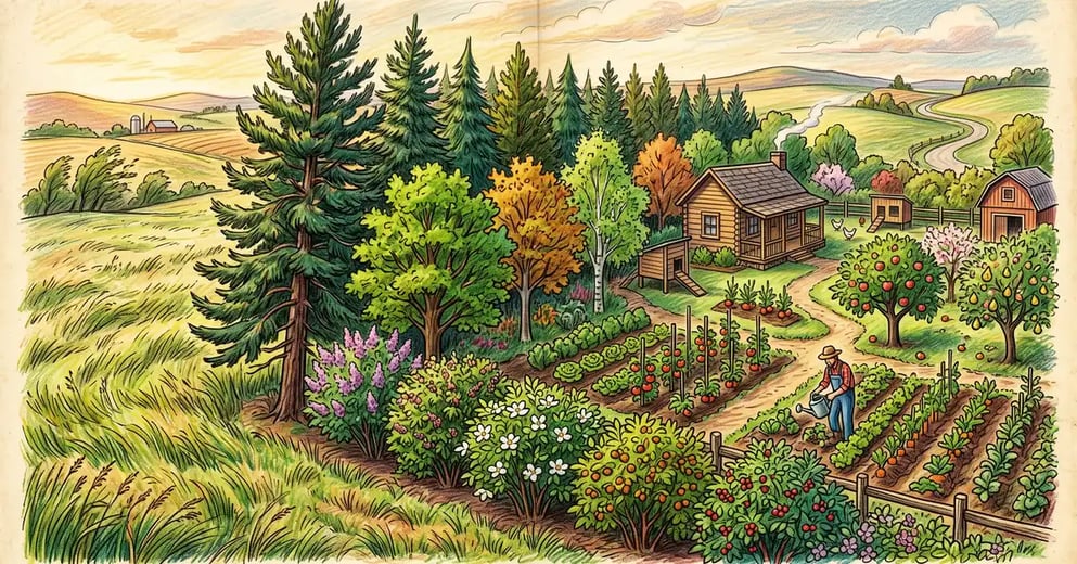 A multi-row living windbreak of conifers, deciduous trees, and shrubs sheltering a homestead garden from wind across rolling farmland