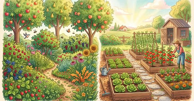 Split-scene comparison of a lush layered food forest on the left and a tidy raised-bed vegetable garden on the right