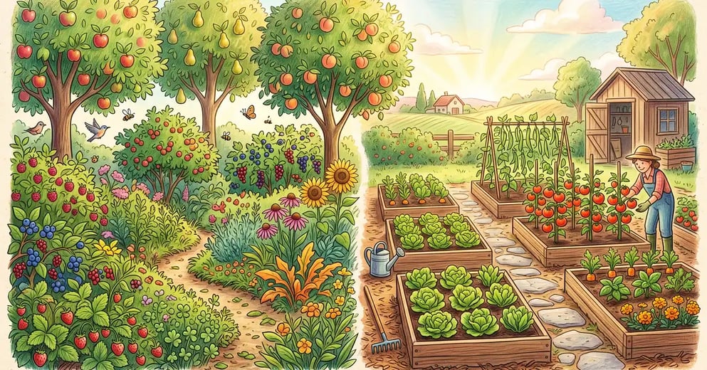 Split-scene comparison of a lush layered food forest on the left and a tidy raised-bed vegetable garden on the right