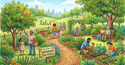 A thriving community food forest with people of different ages harvesting and tending layered fruit trees and beds along wood-chip paths