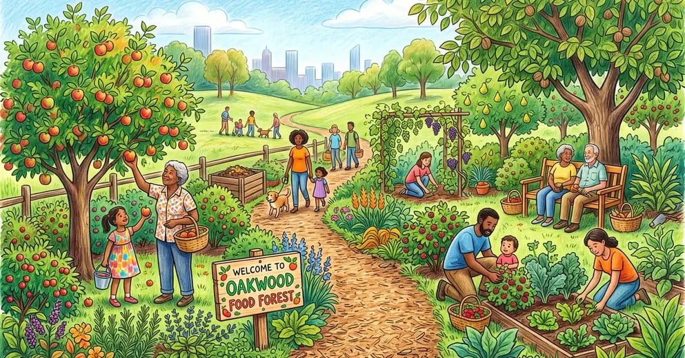 A thriving community food forest with people of different ages harvesting and tending layered fruit trees and beds along wood-chip paths