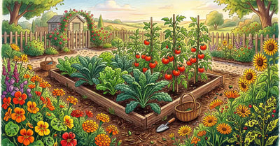A vegetable garden with a border of flowering trap plants swarming with pests while the central bed of healthy kale and tomatoes stays clean