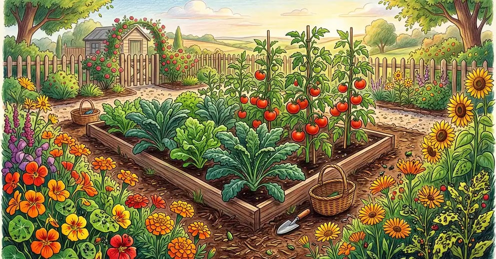 A vegetable garden with a border of flowering trap plants swarming with pests while the central bed of healthy kale and tomatoes stays clean