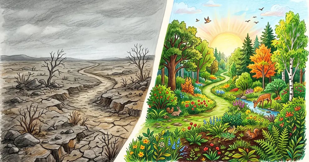 A split landscape contrasting a barren eroded field on the left with a lush layered green ecosystem on the right, life increasing as order builds