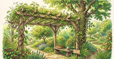 Vigorous hardy kiwi vines climbing a wooden pergola in a food forest, heavy with hanging clusters of small green kiwi berries above layers of fruit trees