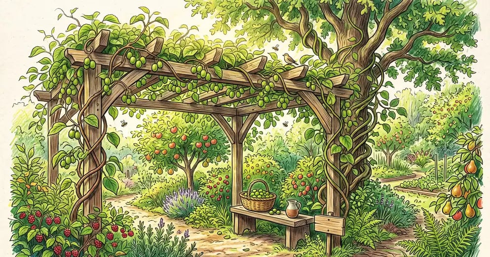 Vigorous hardy kiwi vines climbing a wooden pergola in a food forest, heavy with hanging clusters of small green kiwi berries above layers of fruit trees