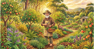Bill Mollison-style portrait of an older bearded man in a bush hat standing in a layered Tasmanian food forest garden