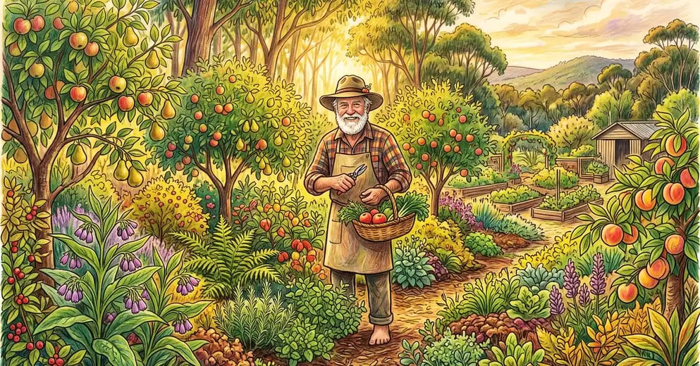 Bill Mollison-style portrait of an older bearded man in a bush hat standing in a layered Tasmanian food forest garden