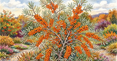 Sea buckthorn shrub laden with dense clusters of bright orange berries along silvery thorny branches in autumn light