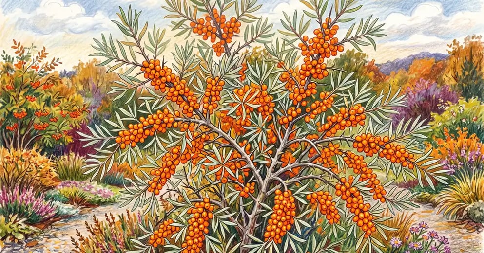 Sea buckthorn shrub laden with dense clusters of bright orange berries along silvery thorny branches in autumn light