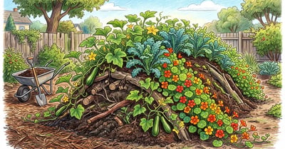 A finished hugelkultur raised bed mound planted with squash, kale and nasturtiums cascading down its curved sides in a sunny backyard