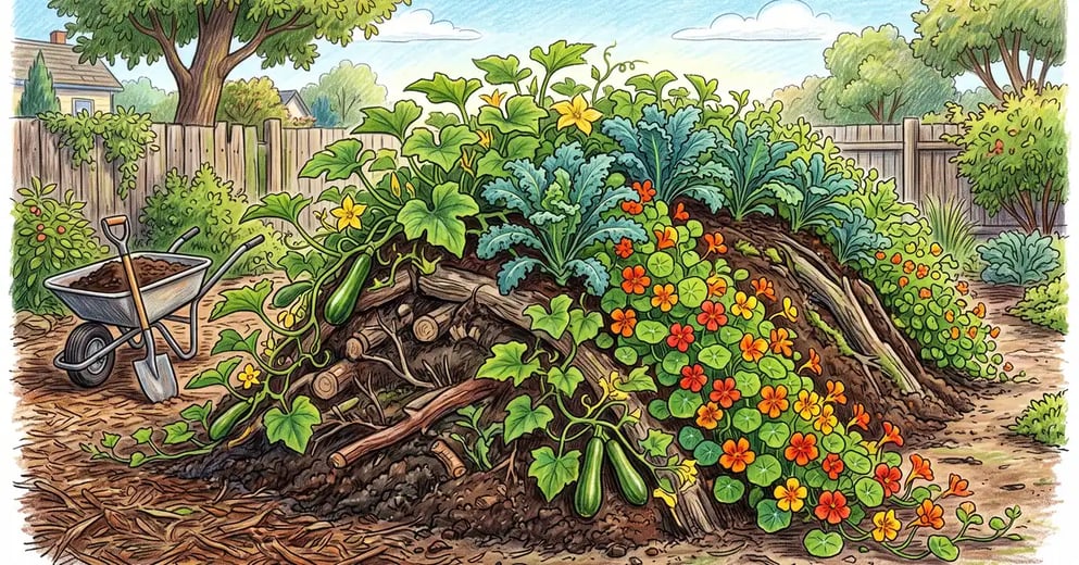 A finished hugelkultur raised bed mound planted with squash, kale and nasturtiums cascading down its curved sides in a sunny backyard
