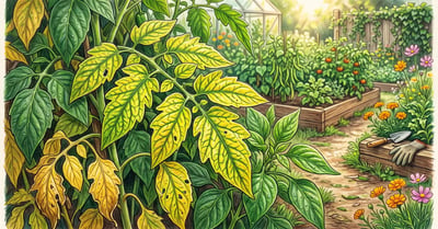 Vegetable garden foliage showing nutrient stress with yellowing between green veins on tomato and pepper leaves beside healthy dark green growth