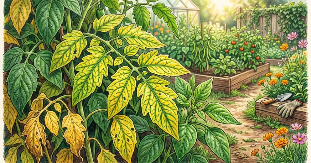 Vegetable garden foliage showing nutrient stress with yellowing between green veins on tomato and pepper leaves beside healthy dark green growth