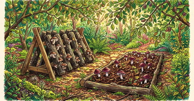A shaded food forest floor with inoculated shiitake logs on a rack and a wood chip bed of burgundy wine cap mushrooms under a fruit tree canopy