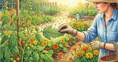 A gardener turning over a tomato leaf to reveal whiteflies on the underside with marigolds and nasturtiums flowering in the vegetable bed behind