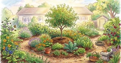 Pencil illustration of a suburban backyard transformed into a layered permaculture food forest with fruit trees, berry bushes, herbs, and vegetables