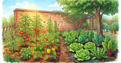 Pencil illustration of a backyard garden with a warm sunny corner by a south-facing brick wall and a cool shaded corner under a tree