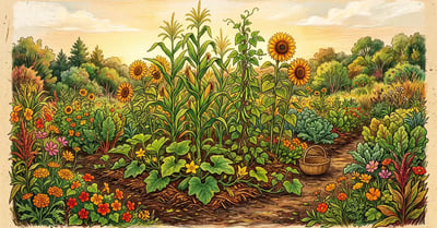 Pencil illustration of an abundant traditional polyculture garden with corn, climbing beans, squash, sunflowers, and companion flowers