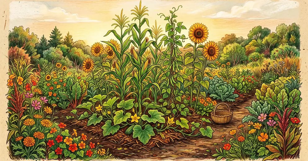 Pencil illustration of an abundant traditional polyculture garden with corn, climbing beans, squash, sunflowers, and companion flowers