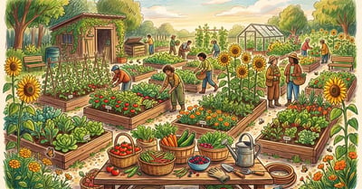 Pencil illustration of a vibrant community garden with raised beds full of vegetables and a shared harvest table of fresh produce