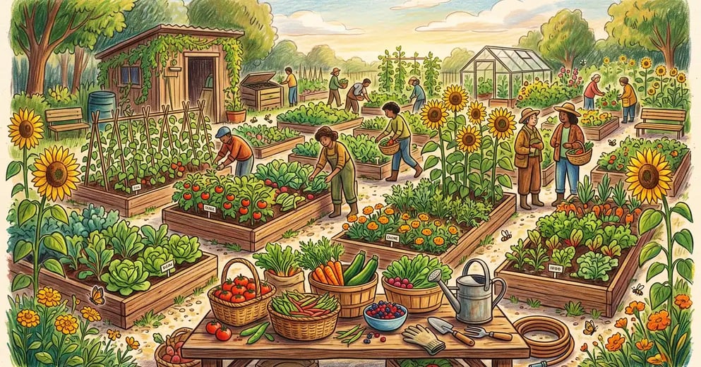 Pencil illustration of a vibrant community garden with raised beds full of vegetables and a shared harvest table of fresh produce