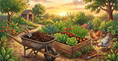 Pencil illustration of a wheelbarrow of dark composted manure beside a thriving raised vegetable bed with hens in the background