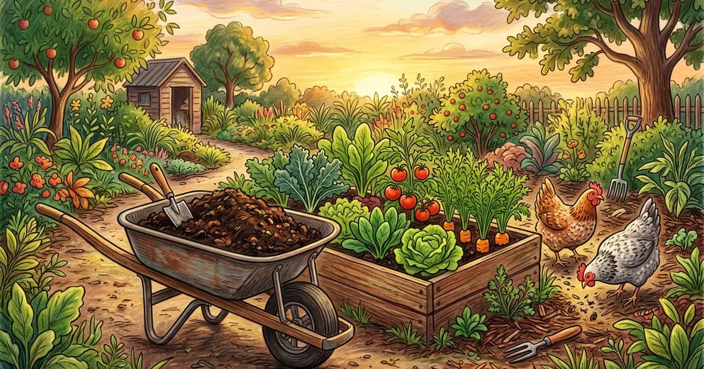 Pencil illustration of a wheelbarrow of dark composted manure beside a thriving raised vegetable bed with hens in the background
