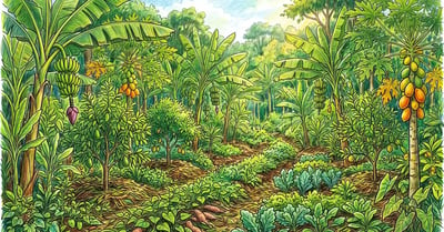 Pencil illustration of a lush three-year-old syntropic agroforestry system with layered rows of banana, papaya, young fruit trees, and biomass mulch