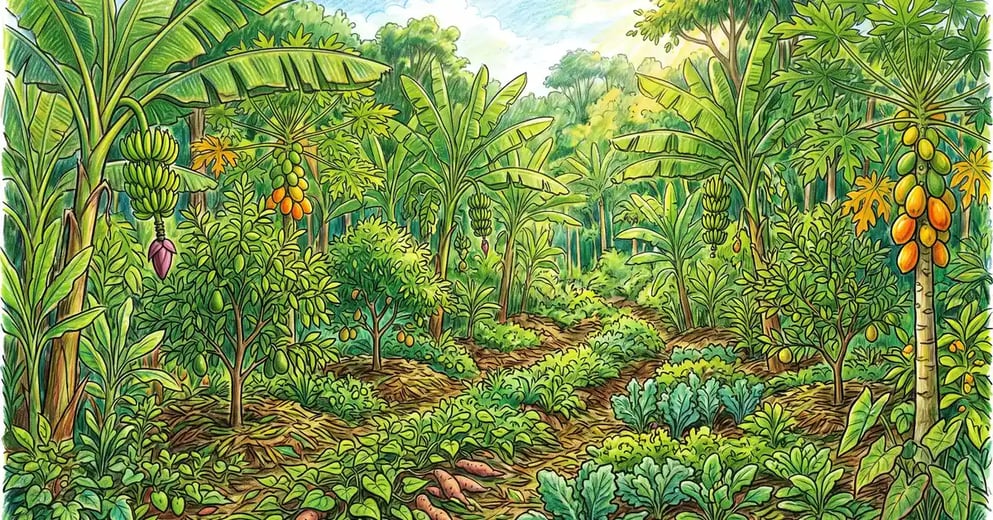 Pencil illustration of a lush three-year-old syntropic agroforestry system with layered rows of banana, papaya, young fruit trees, and biomass mulch